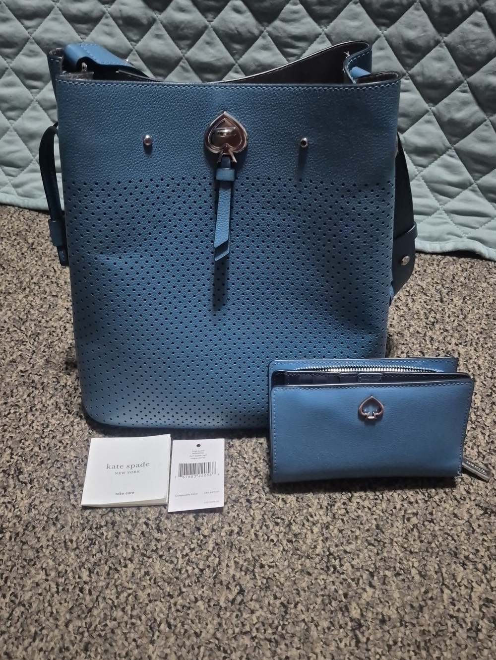 kate spade Perforated Blue Leather Tote with Matching Wallet